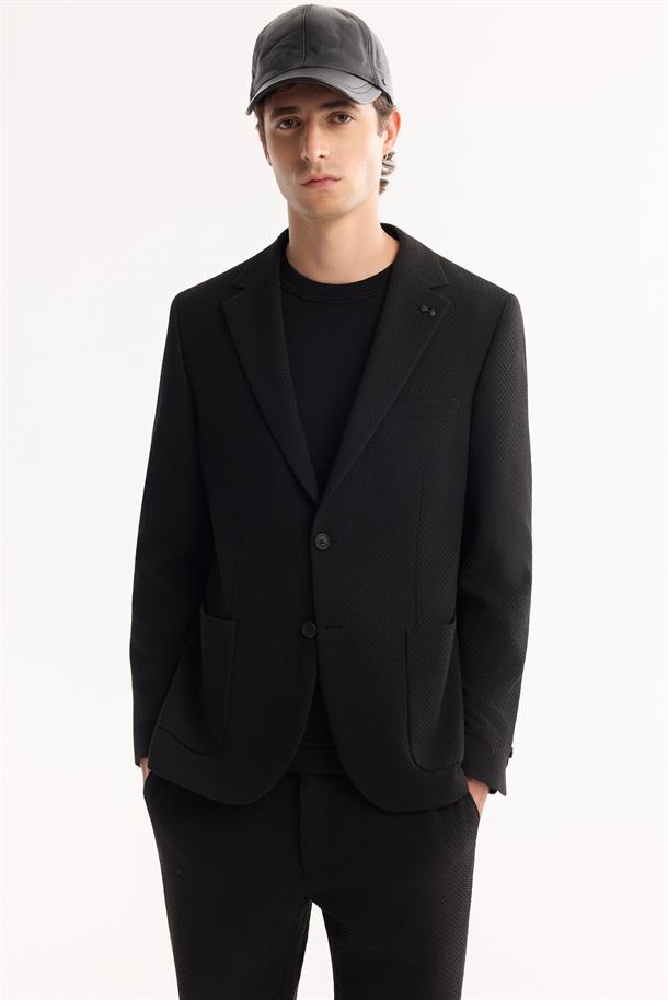 Siyah Mono Yaka Bi-Stretch Hafif Dokulu Blazer Ceket