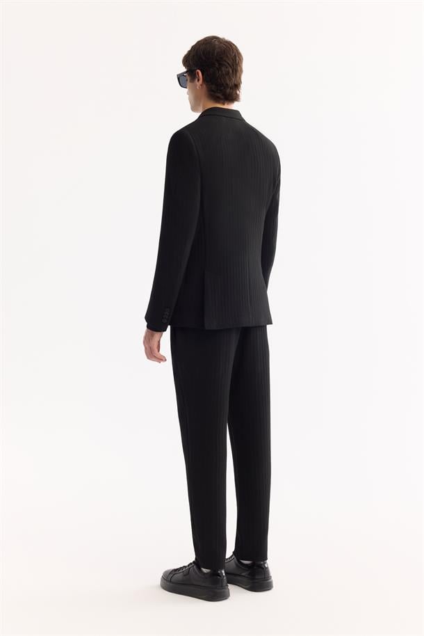 Siyah Mono Yaka Bi-Stretch Hafif Çizgili Blazer Ceket