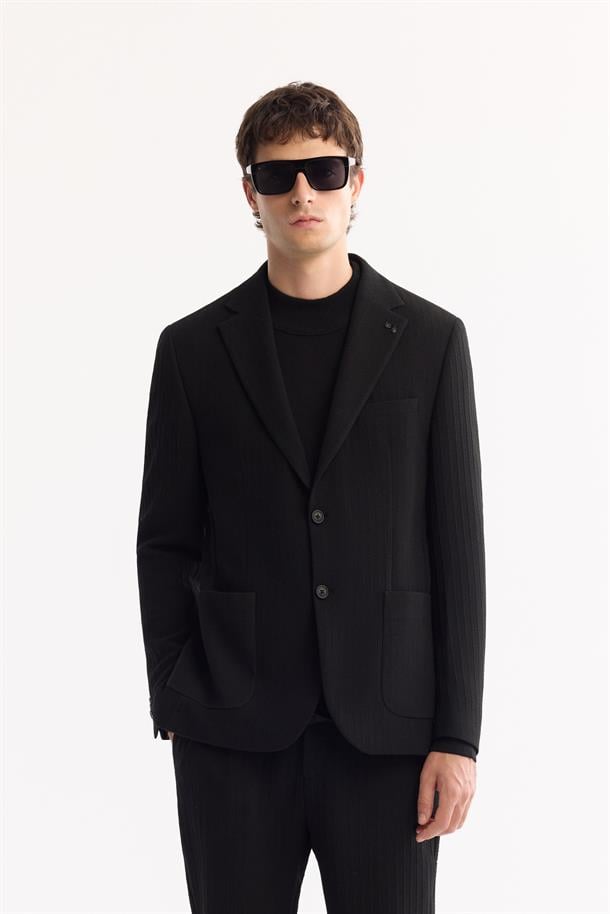 Siyah Mono Yaka Bi-Stretch Hafif Çizgili Blazer Ceket
