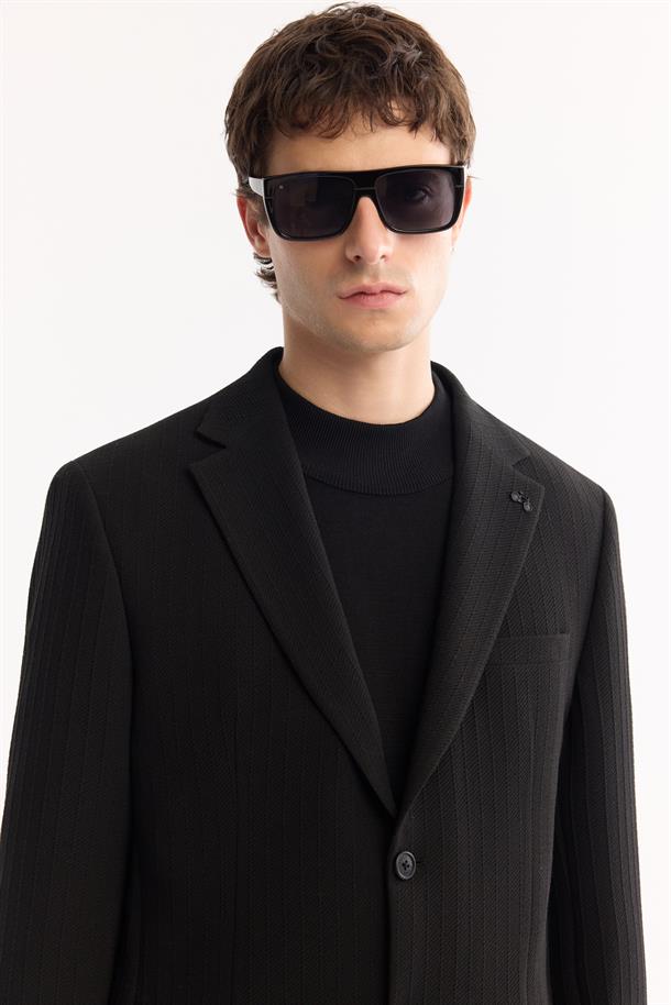 Siyah Mono Yaka Bi-Stretch Hafif Çizgili Blazer Ceket