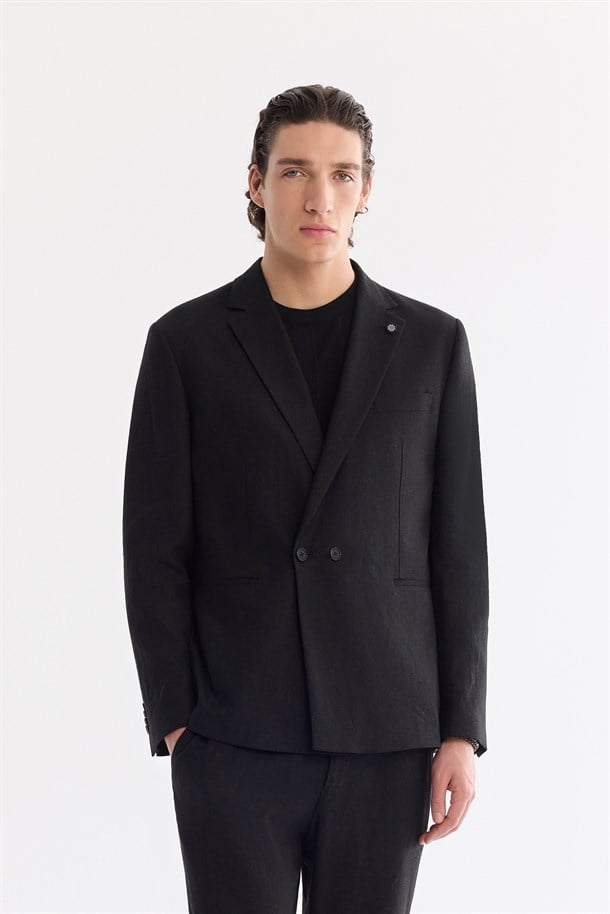 Siyah Mono Yaka Keten Karışımlı Tek Düğme Ceket