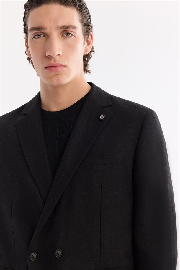 Siyah Mono Yaka Keten Karışımlı Tek Düğme Ceket