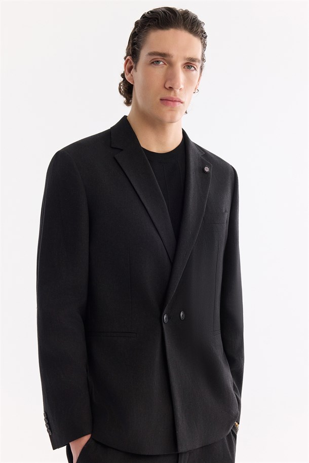 Siyah Mono Yaka Keten Karışımlı Tek Düğme Ceket