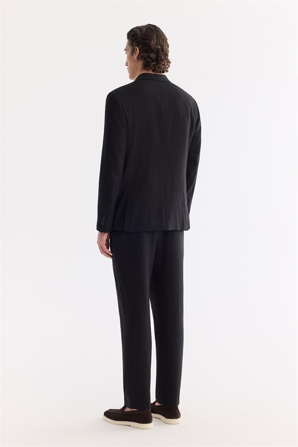 Siyah Mono Yaka Keten Karışımlı Tek Düğme Ceket