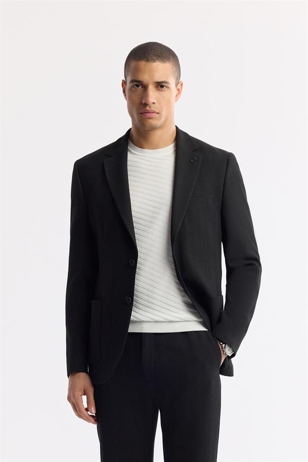 Siyah Mono Yaka Viskon Karışımlı Hafif Bi-Stretch Blazer Ceket