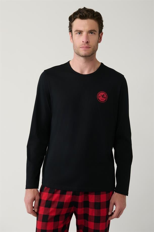 Siyah Bisiklet Yaka %100 Pamuk Ekoseli Özel Kutulu Pijama Takımı