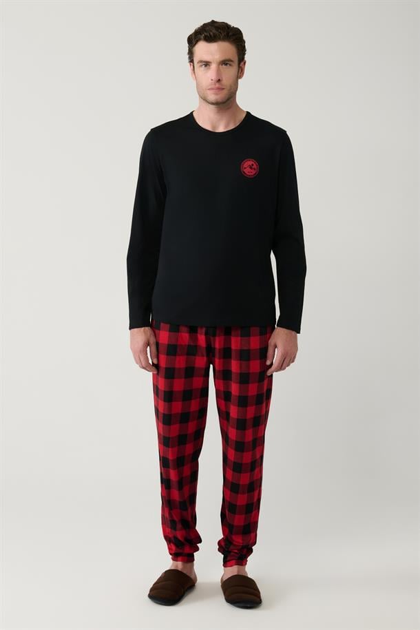 Siyah Bisiklet Yaka %100 Pamuk Ekoseli Özel Kutulu Pijama Takımı