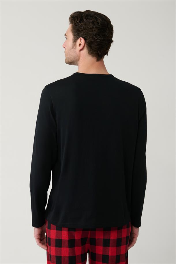 Siyah Bisiklet Yaka %100 Pamuk Ekoseli Özel Kutulu Pijama Takımı