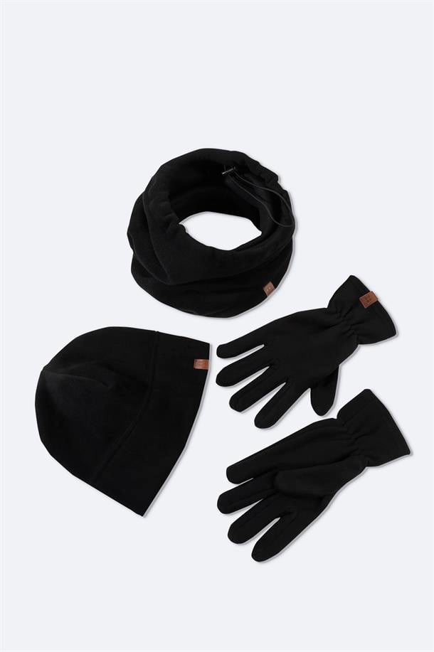 Siyah Polar Basic Boyunluk Bere ve Eldiven Seti