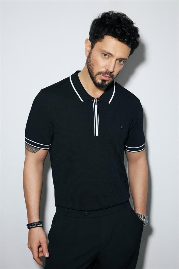 Siyah Polo Yaka Dokulu Rayon Triko T-Shirt