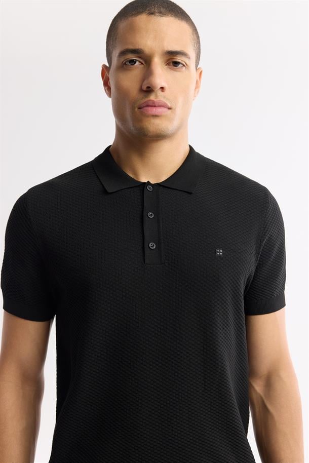 Siyah Polo Yaka Viskon Karışımlı Basic Triko T-Shirt
