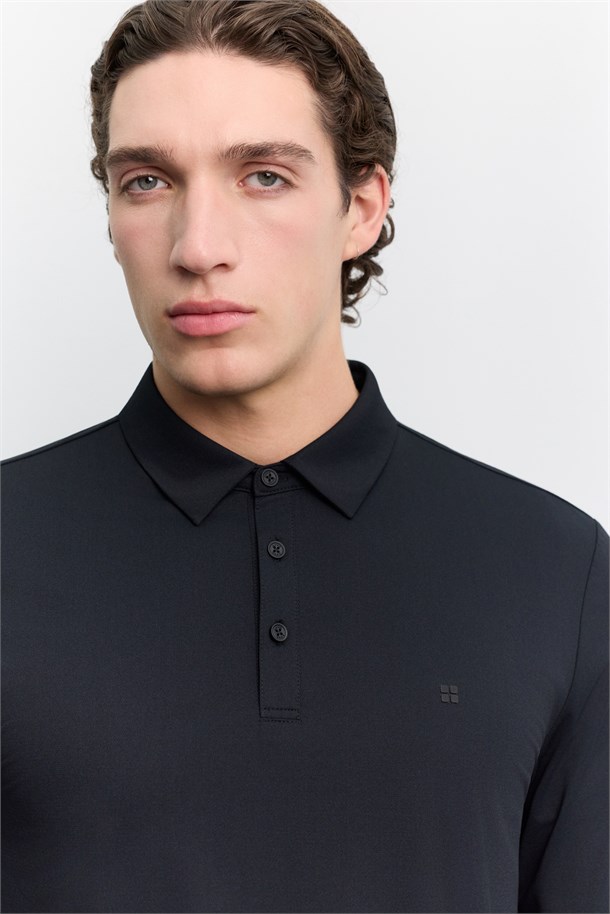 Siyah Polo Yaka Düğmeli Teknik Kumaş Uzun Kol  Basic T-Shirt