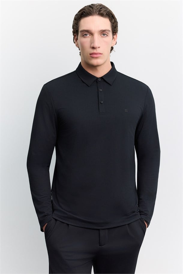 Siyah Polo Yaka Düğmeli Teknik Kumaş Uzun Kol  Basic T-Shirt