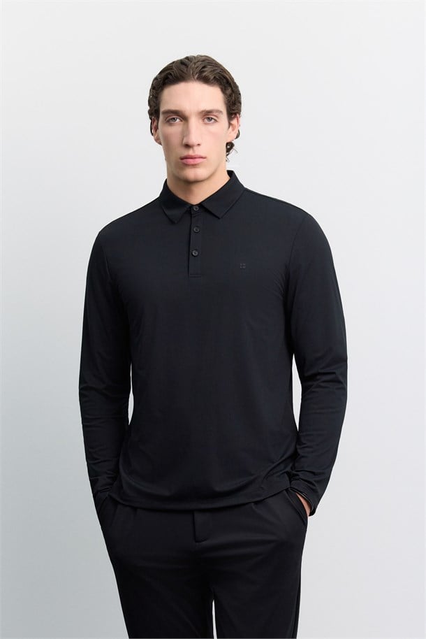 Siyah Polo Yaka Düğmeli Teknik Kumaş Uzun Kol  Basic T-Shirt