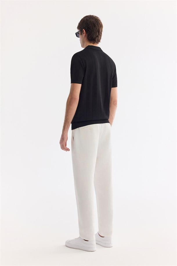 Siyah Polo Yaka Düğmesiz Dokulu Triko T-Shirt