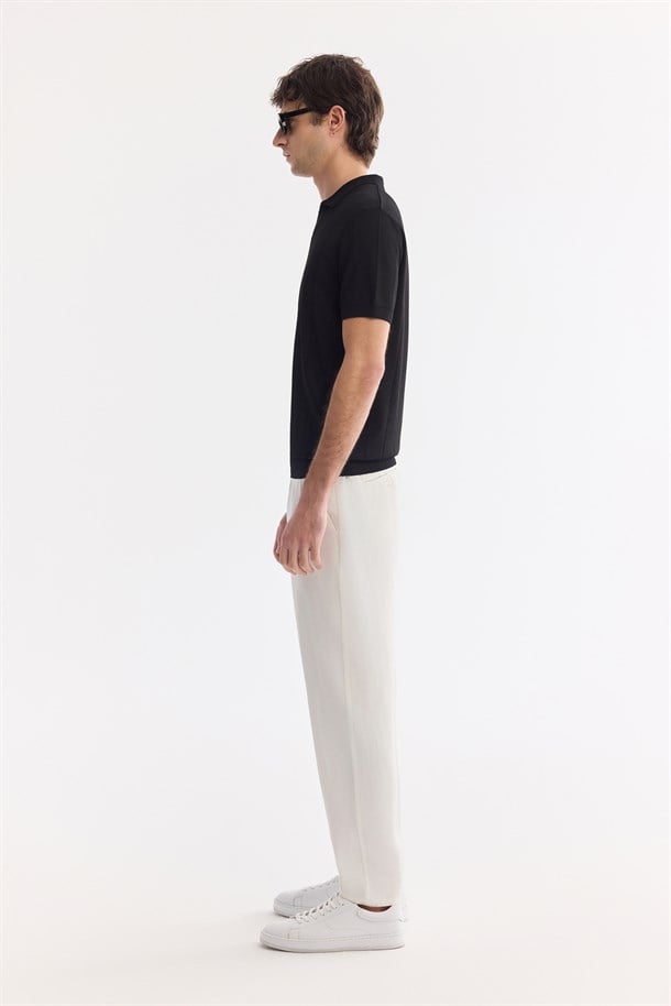 Siyah Polo Yaka Düğmesiz Dokulu Triko T-Shirt