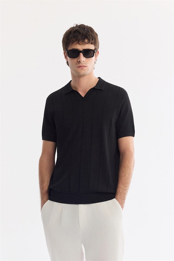 Siyah Polo Yaka Düğmesiz Dokulu Triko T-Shirt