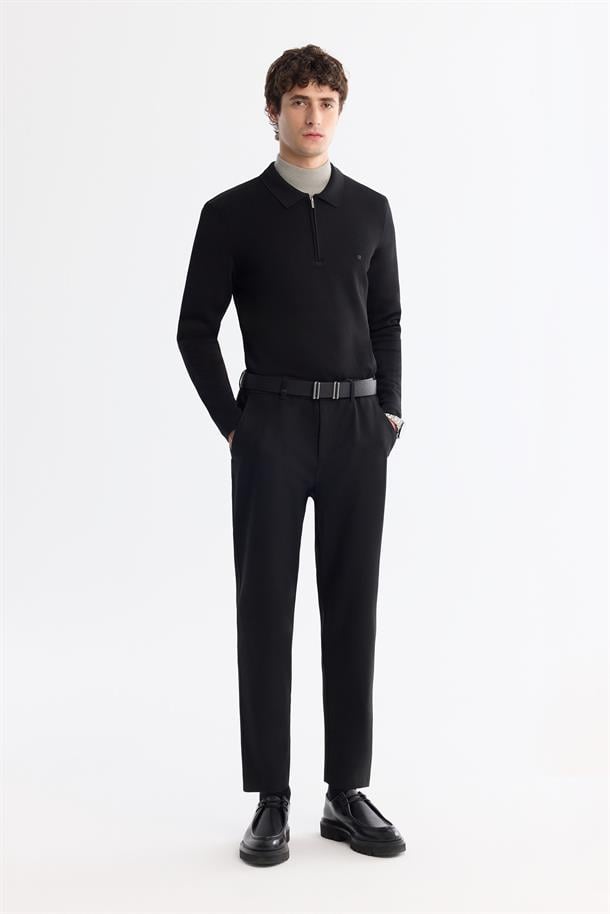 Siyah Fermuarlı Polo Yaka Rayon Triko Kazak