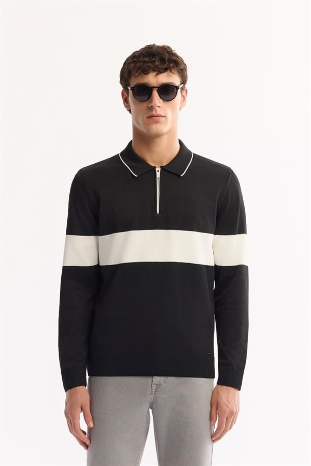 Siyah Polo Yaka Fermuarlı Çizgili Triko Kazak