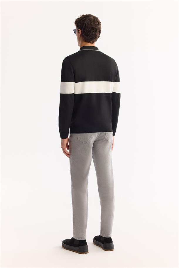 Siyah Polo Yaka Fermuarlı Çizgili Triko Kazak