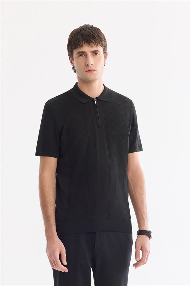 Siyah Polo Yaka Fermuarlı Kolay Ütülenen Kırışmaz Triko T-Shirt