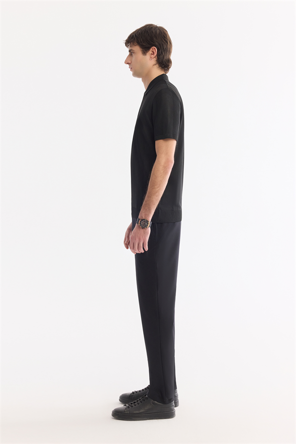 Siyah Polo Yaka Fermuarlı Kolay Ütülenen Kırışmaz Triko T-Shirt