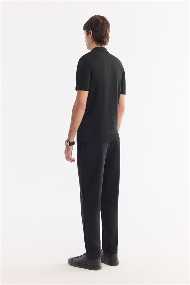Siyah Polo Yaka Fermuarlı Kolay Ütülenen Kırışmaz Triko T-Shirt