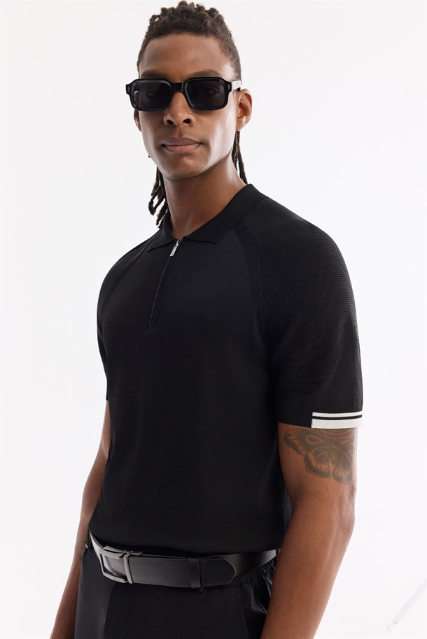 Siyah Polo Yaka Fermuarlı Rayon Karışımlı Triko T-Shirt