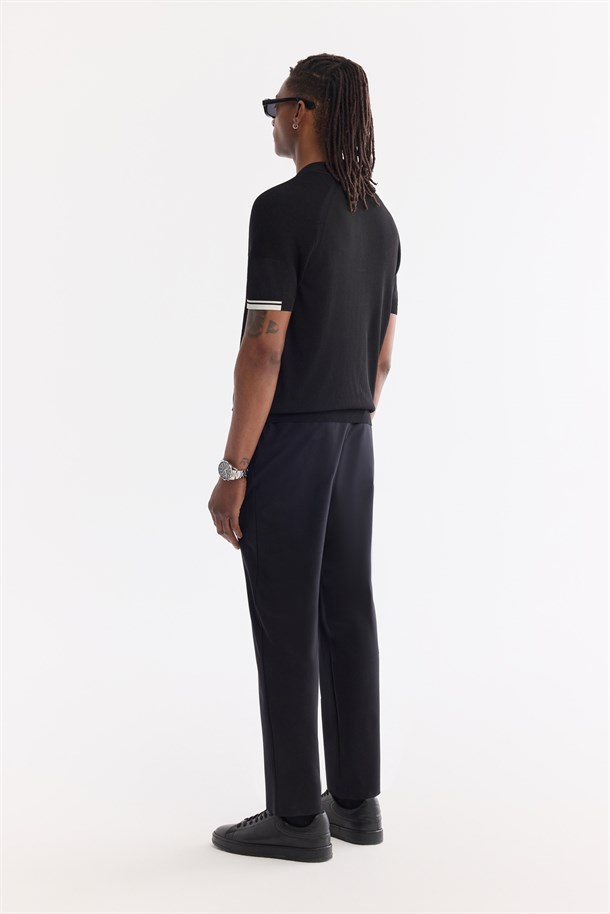 Siyah Polo Yaka Fermuarlı Rayon Karışımlı Triko T-Shirt