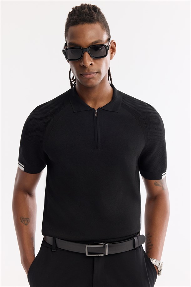 Siyah Polo Yaka Fermuarlı Rayon Karışımlı Triko T-Shirt