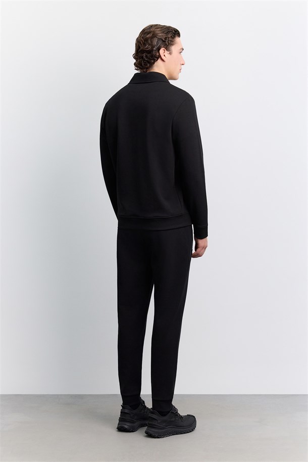 Siyah Polo Yaka Fermuarlı Kolay Ütülenen Sweatshirt
