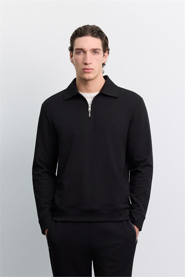Siyah Polo Yaka Fermuarlı Kolay Ütülenen Sweatshirt