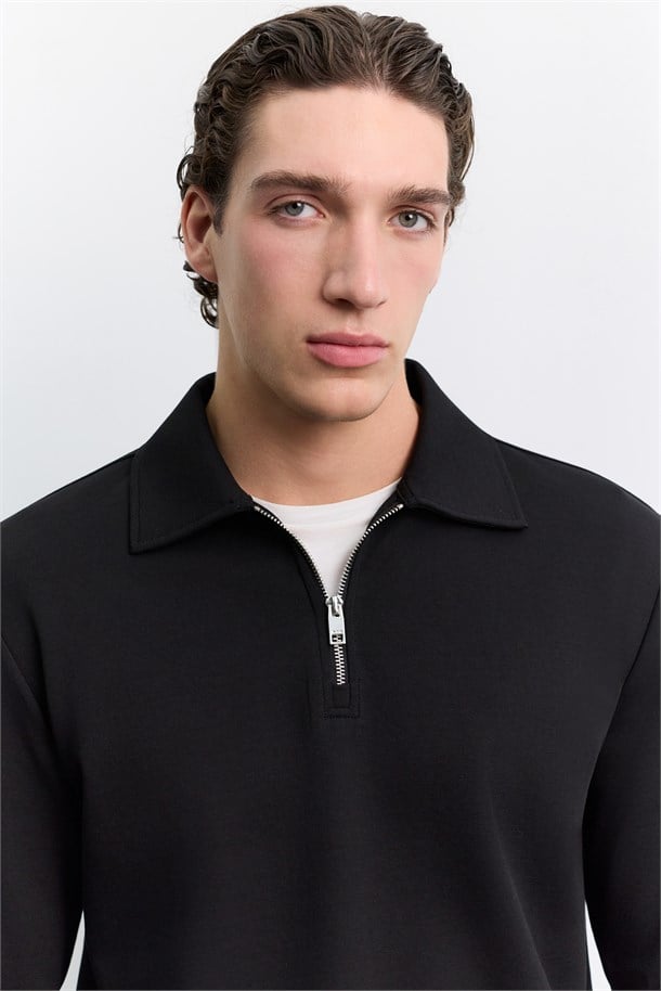 Siyah Polo Yaka Fermuarlı Kolay Ütülenen Sweatshirt