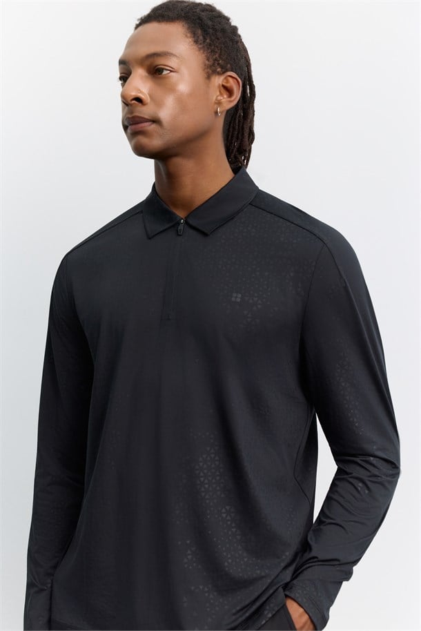 Siyah Polo Yaka Düğmeli Teknik Kumaş Uzun Kol  Basic T-Shirt