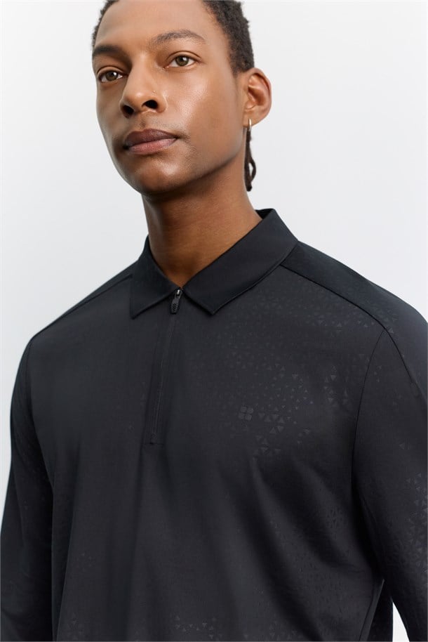 Siyah Polo Yaka Düğmeli Teknik Kumaş Uzun Kol  Basic T-Shirt