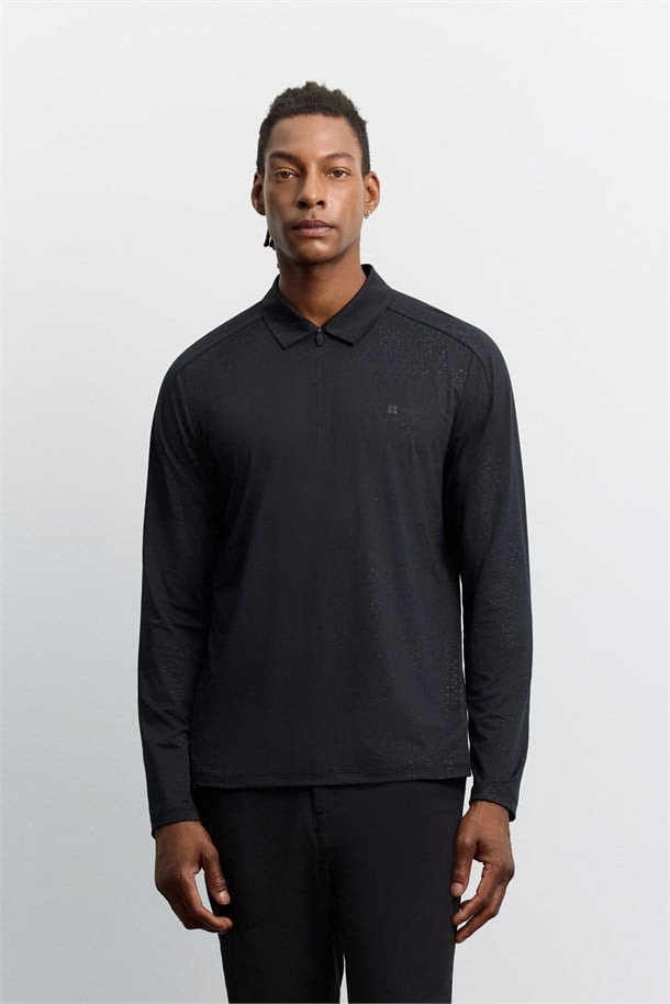 Siyah Polo Yaka Düğmeli Teknik Kumaş Uzun Kol  Basic T-Shirt