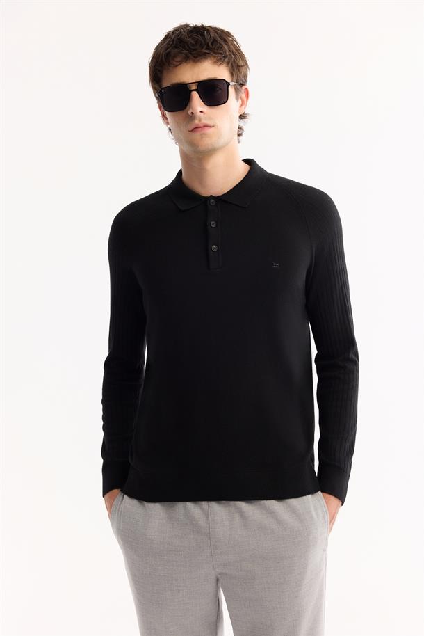 Siyah Polo Yaka Düğmeli Soft Touch Dokulu Triko Kazak