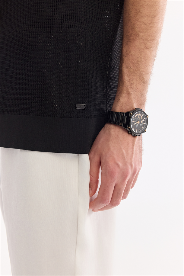 Siyah Polo Yaka Önden Düğmeli Triko T-Shirt