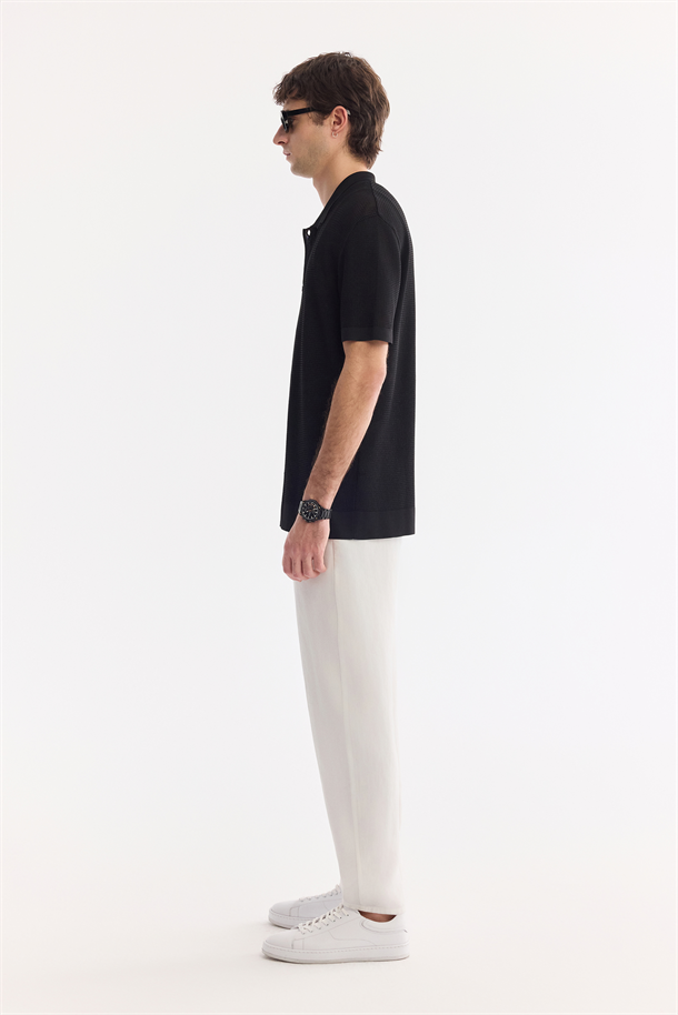 Siyah Polo Yaka Önden Düğmeli Triko T-Shirt