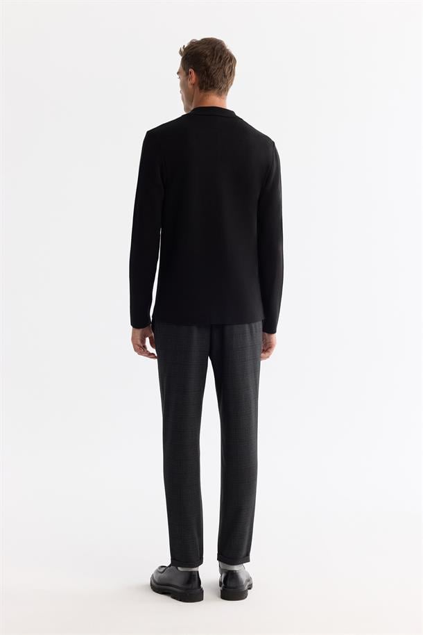 Siyah Polo Yaka Düğmeli Yün Karışımlı Hırka