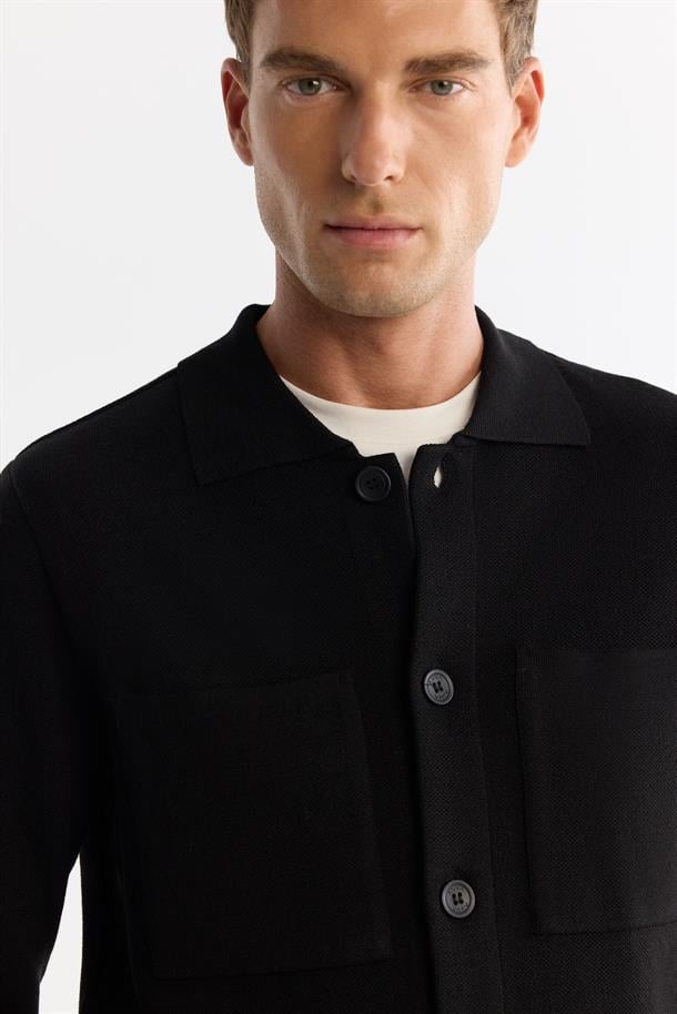 Siyah Polo Yaka Düğmeli Yün Karışımlı Hırka