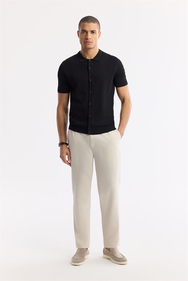 Siyah Polo Yaka Düğmeli Fitilli Rayon Triko T-Shirt