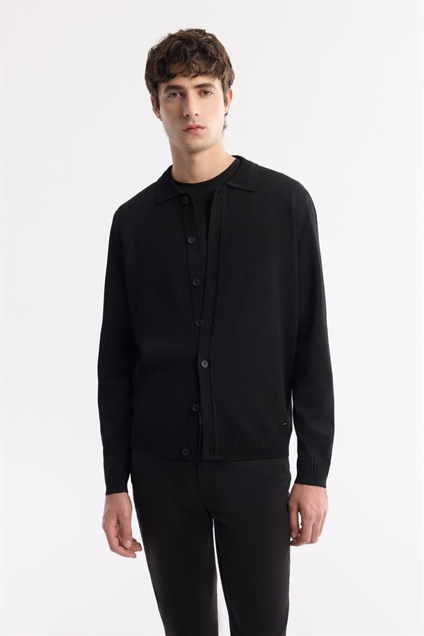 Siyah Polo Yaka Düğmeli Rayon Triko Hırka