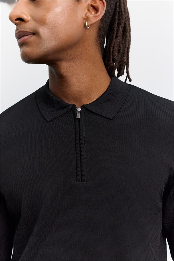 Siyah Polo Yaka Rayon Tüylenmeyen Basic Triko Kazak