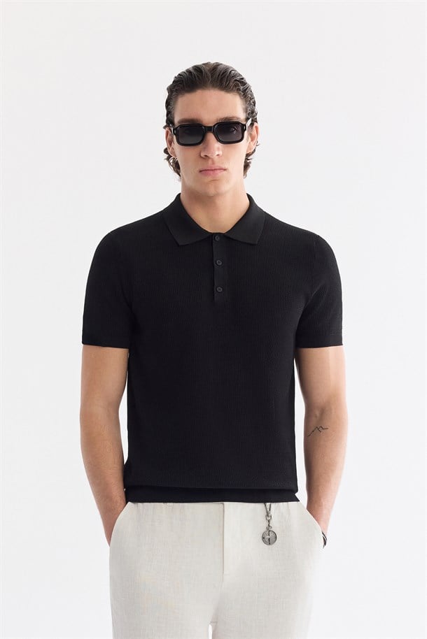 Siyah Polo Yaka Soft Touch Triko T-Shirt