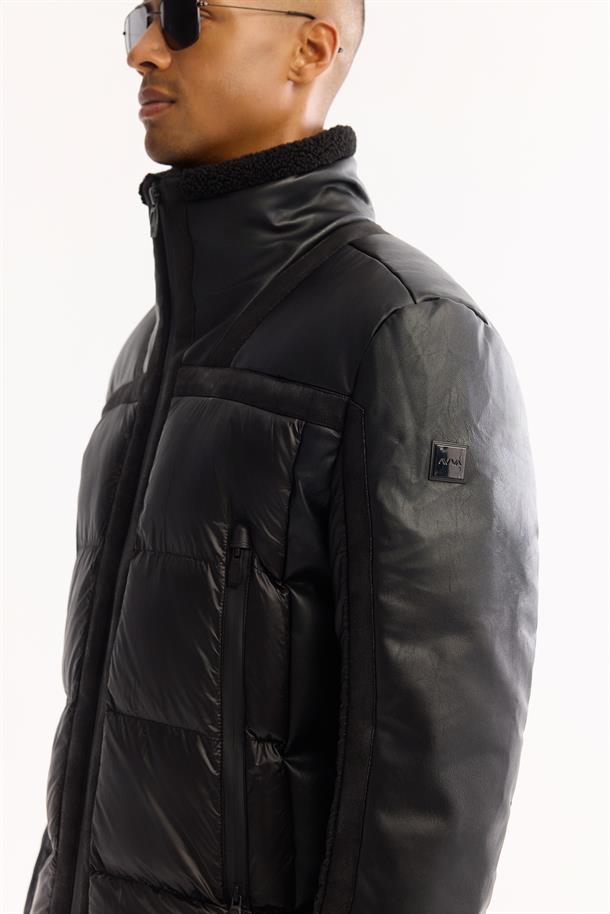 Siyah Dik Yaka Rüzgar Geçirmez -5 Derece Dayanıklı Şişme Mont