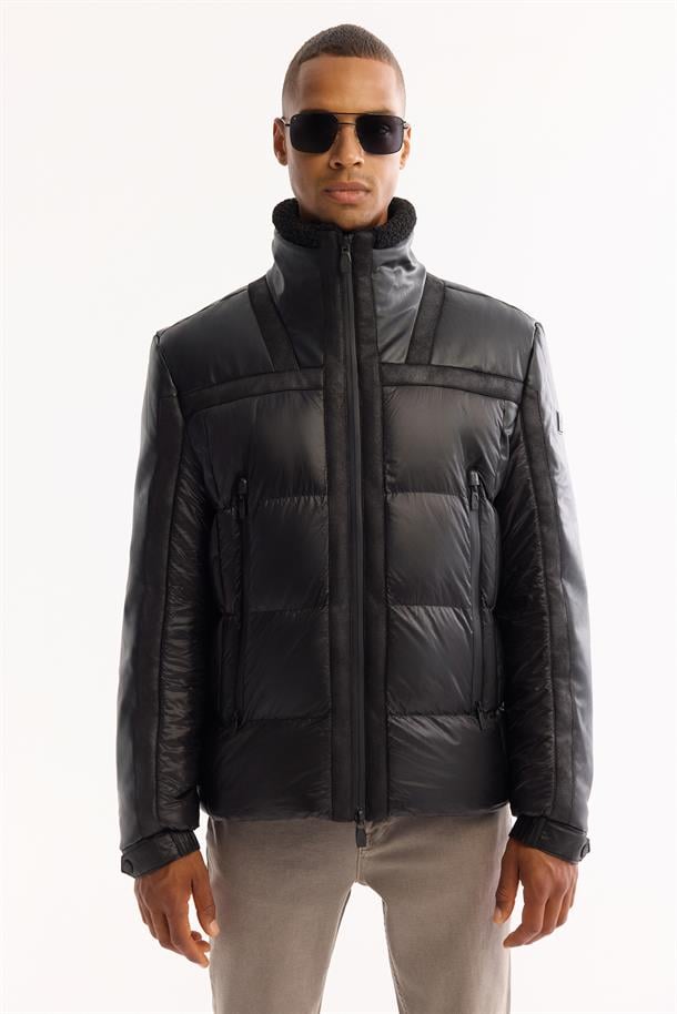 Siyah Dik Yaka Rüzgar Geçirmez -5 Derece Dayanıklı Şişme Mont