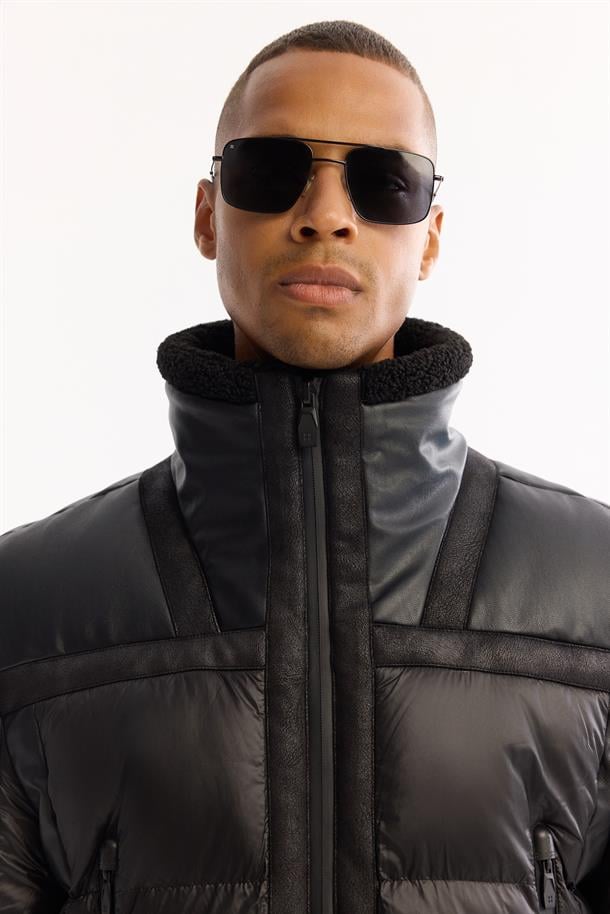 Siyah Dik Yaka Rüzgar Geçirmez -5 Derece Dayanıklı Şişme Mont