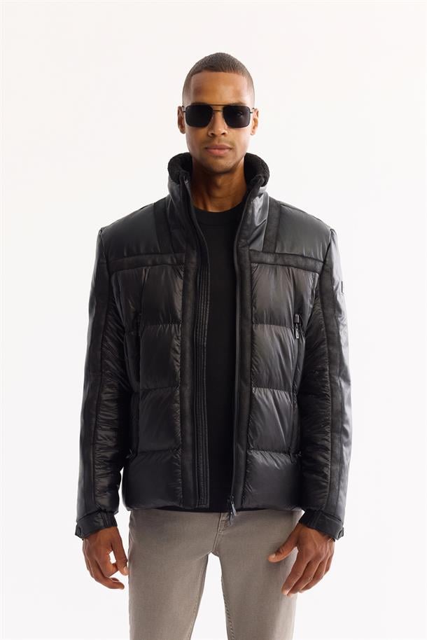 Siyah Dik Yaka Rüzgar Geçirmez -5 Derece Dayanıklı Şişme Mont