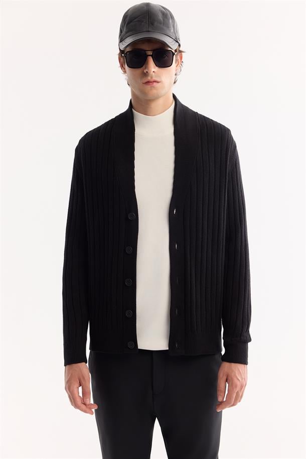 Siyah Şal Yaka Düğmeli Soft Touch Çizgili Hırka